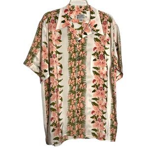 Authentic AVANTI Hawaiian Shirt L Floral Crepe de Chine Silk Ivory Pink Pristine